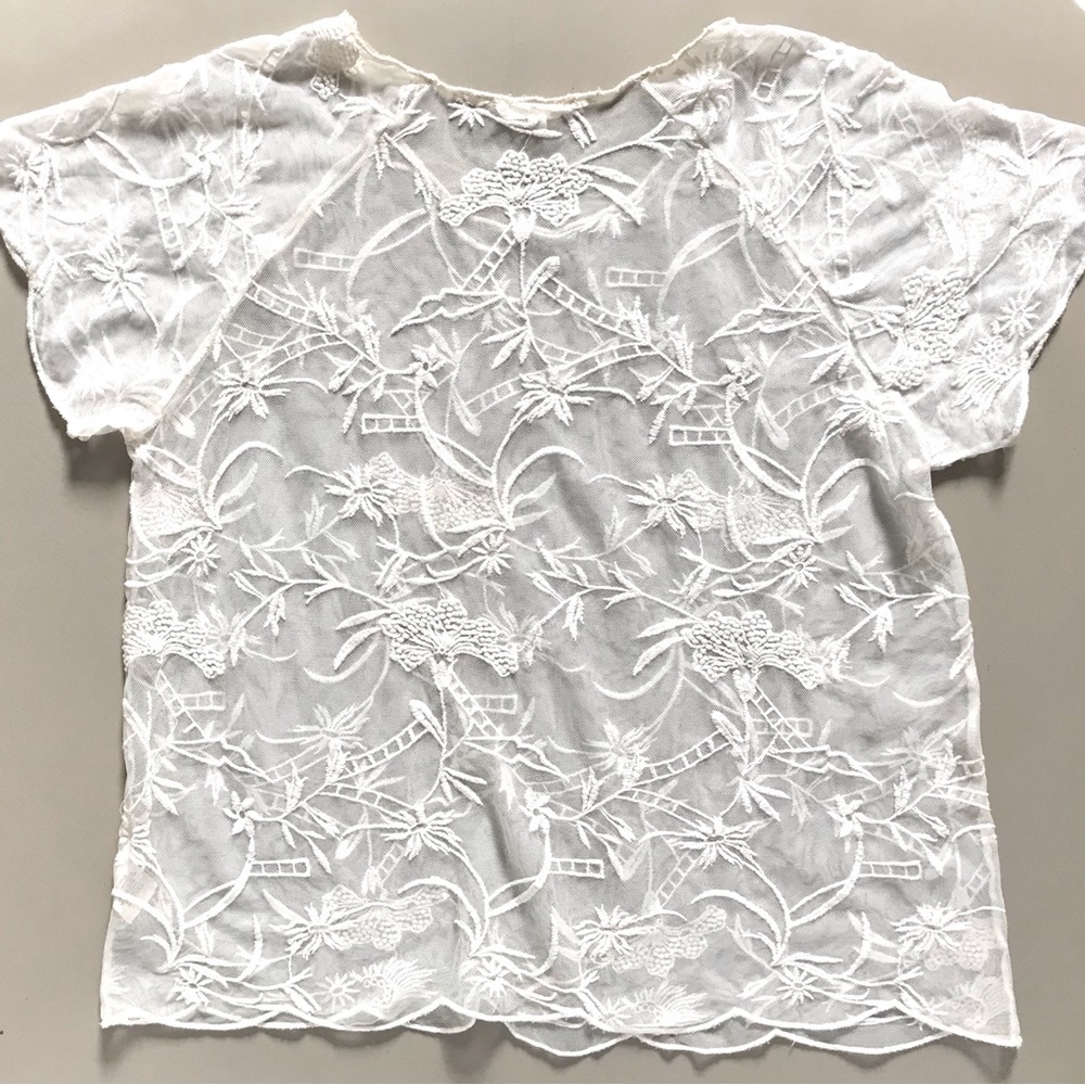 MYSTREE Sheer Dainty Crochet Lace Mesh Romantic Bohemian Short Sleeve Blouse